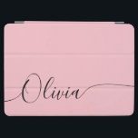 Pink Black Elegant Calligraphy Script Name iPad Air Cover<br><div class="desc">Pink Black Elegant Calligraphy Script Custom Personalised Add Your Own Name iPad Air Cover features a modern and trendy simple and stylish design with your personalised name in elegant hand written calligraphy script typography on a soft pink background. Perfect gift for birthday, Christmas, Mother's Day and stylish enough for the...</div>