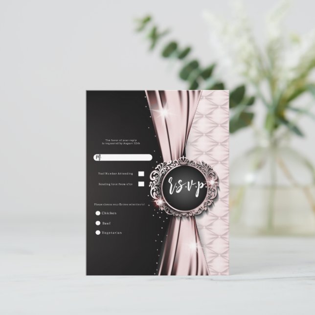 Pink & Black Elegant Luxury Wedding RSVP Invitation (Standing Front)