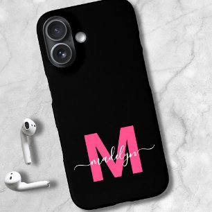 Pink Black Elegant Script Name Monogram iPhone 16 Case
