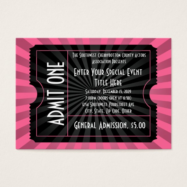 Pink+ Black Event Ticket, Lg Business Card Size (Front)