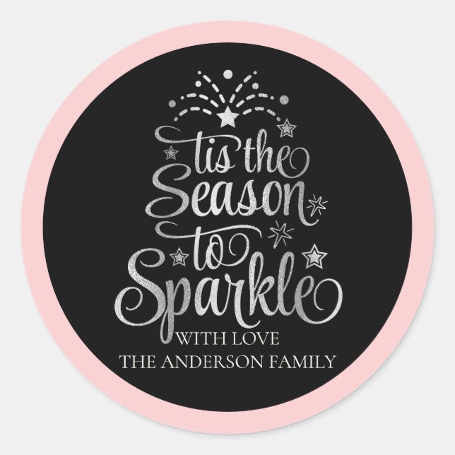 Pink Black Family Name Season  Sparkle Christmas Classic Round Sticker (Front)