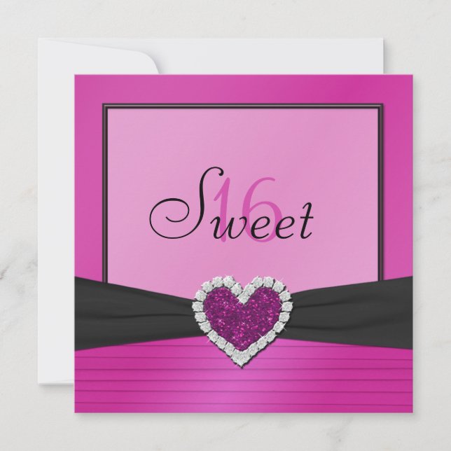 Pink, Black FAUX Glitter Heart Sweet 16 Invite (Front)