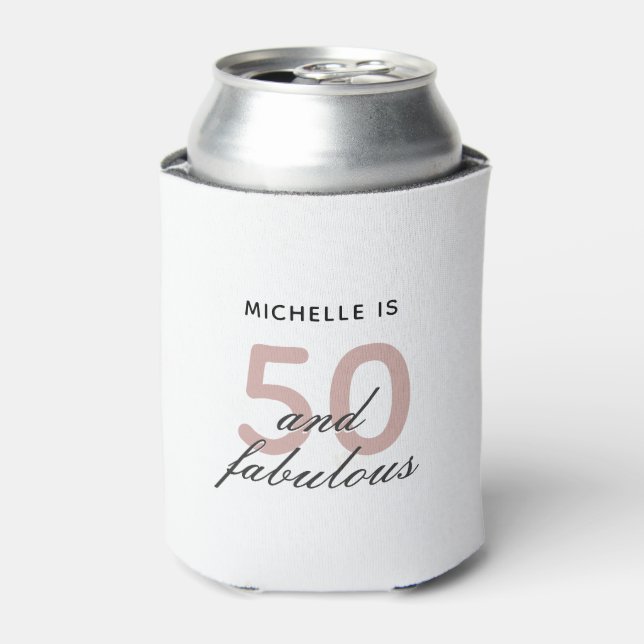 Pink Black Fifty and Fabulous 50th Birthday Can Cooler (Can Front)