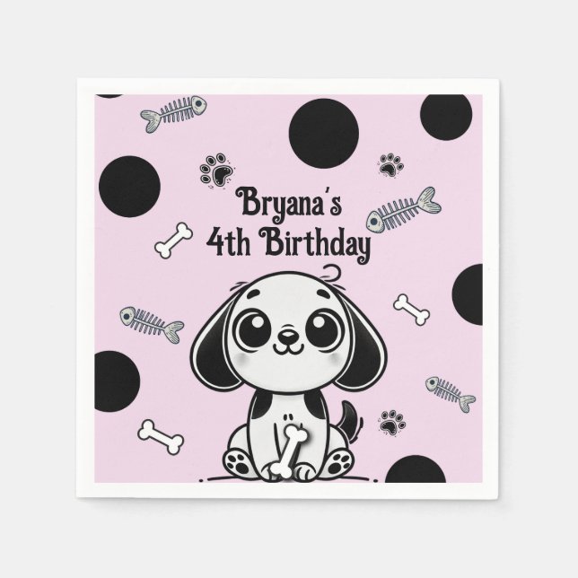 Pink & Black Fish Bones Puppy Dog Birthday Party  Napkin (Front)