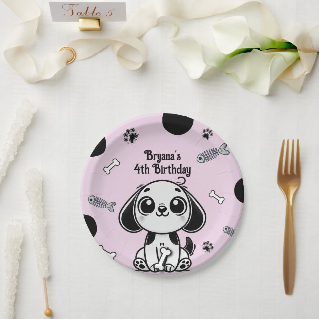 Pink & Black Fish Bones Puppy Dog Birthday Party  Paper Plate (Wedding)