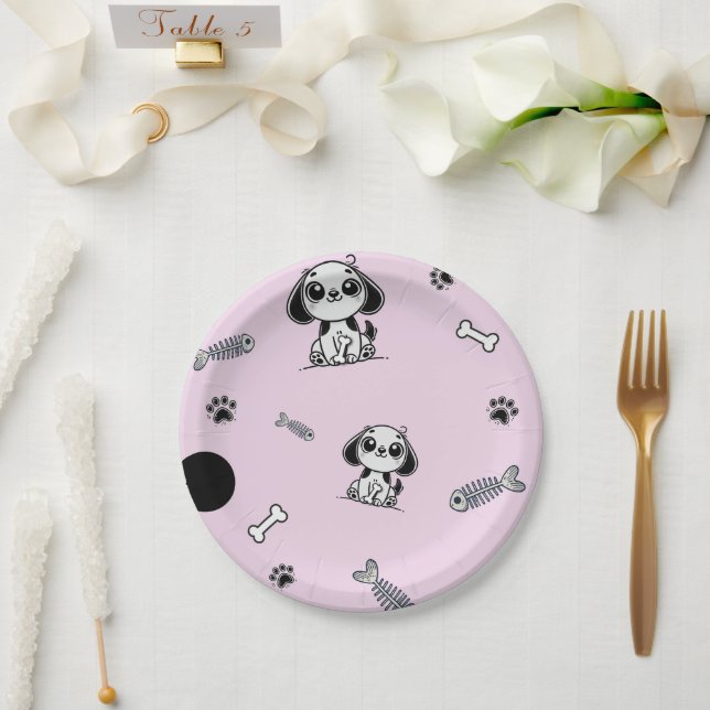 Pink & Black Fish Bones Puppy Dog Birthday Party  Paper Plate (Wedding)