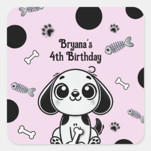 Pink & Black Fish Bones Puppy Dog Birthday Party  Square Sticker
