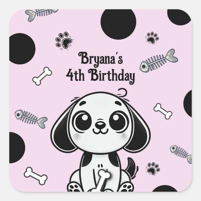 Pink & Black Fish Bones Puppy Dog Birthday Party  Square Sticker (Front)