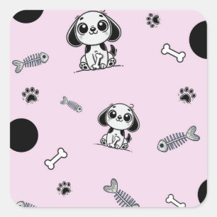 Pink & Black Fish Bones Puppy Dog Birthday Party  Square Sticker