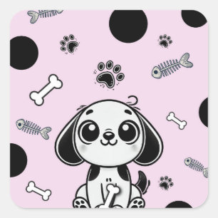 Pink & Black Fish Bones Puppy Dog Birthday Party  Square Sticker