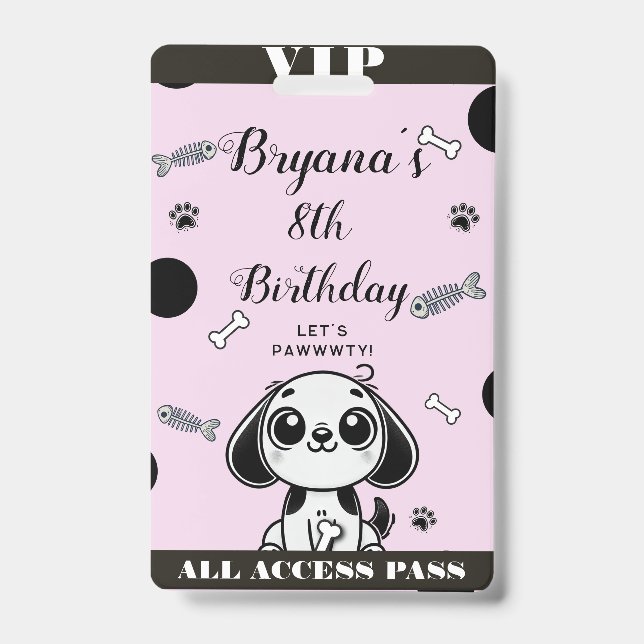Pink Black Fish Bones Puppy Dog Birthday VIP Pass ID Badge (Front)