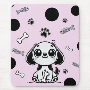 Pink & Black Fish Bones Puppy Dog Cute Office Mouse Mat