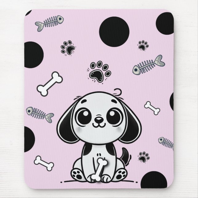Pink & Black Fish Bones Puppy Dog Cute Office Mouse Mat (Front)