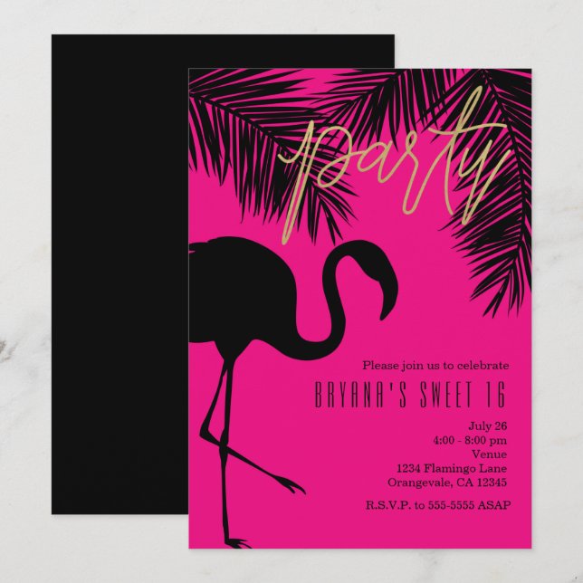 Pink & Black Flamingo & Palm Party Invitations (Front/Back)