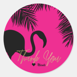 Pink & Black Flamingo & Palm Tropical Party Classic Round Sticker