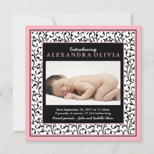 Pink Black Floral Baby Photo Birth Announcement