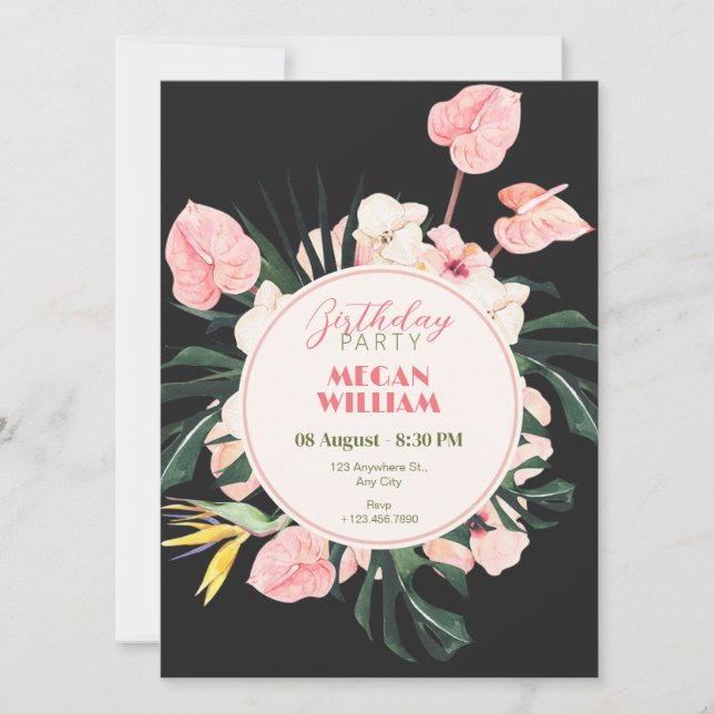 Pink black floral birthday Invitation (Front)