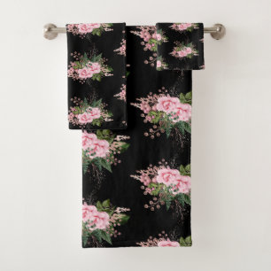 PINK BLACK FLORAL BOTANICAL BATHROOM TOWEL SET