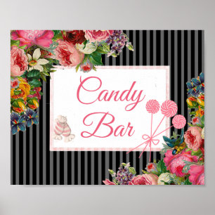 Pink & Black Floral Candy Bar Wedding Sign Poster