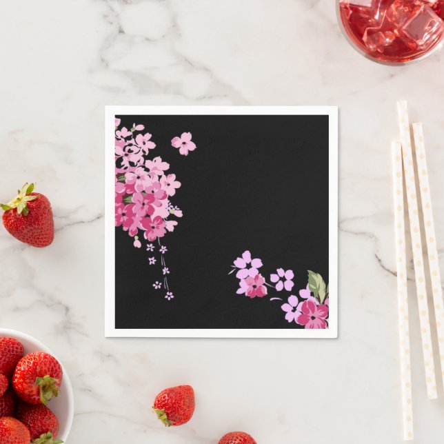 Pink & Black Floral Cherry Blossom   Napkin (Insitu)