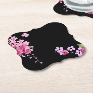 Pink & Black Floral Cherry Blossom   Paper Coaster