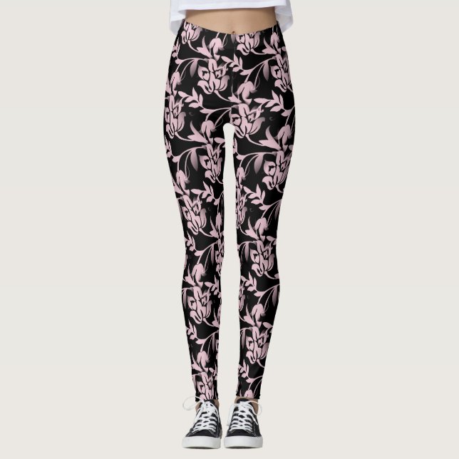 Pink/Black Floral Designer Women's Leggings (Front)
