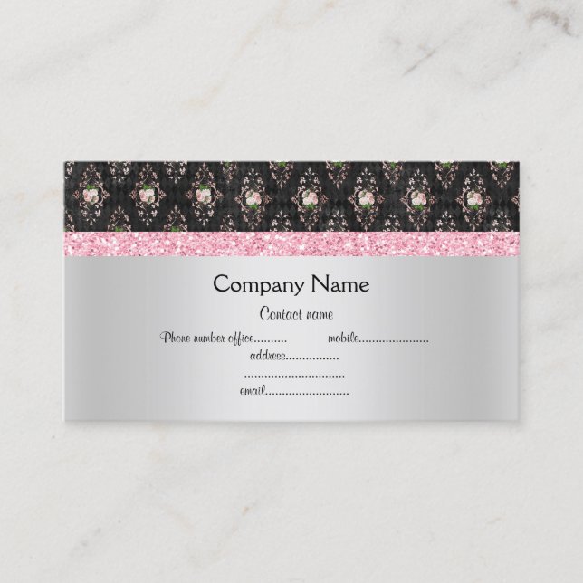 Pink black floral elegant semi gloss business business card (Front)