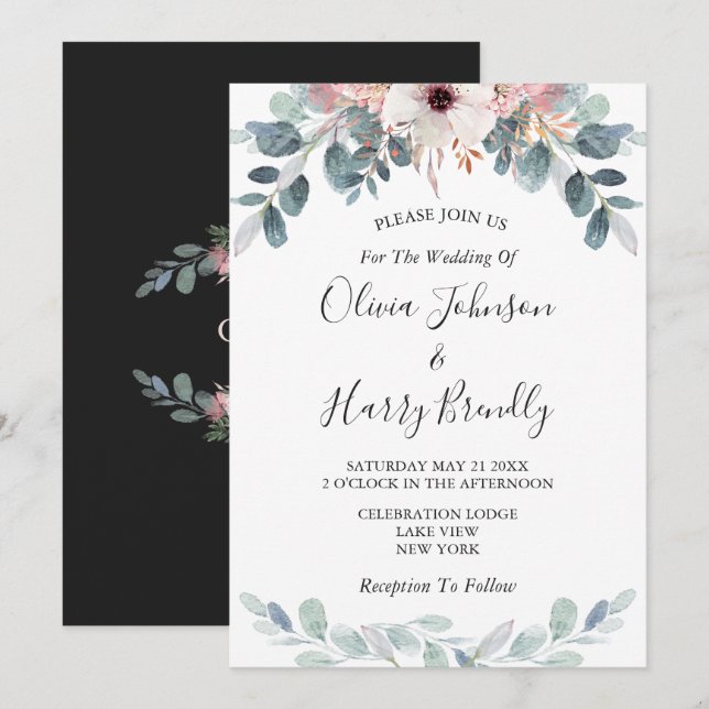 Pink Black Floral Eucalyptus Greenery Wedding Invitation (Front/Back)