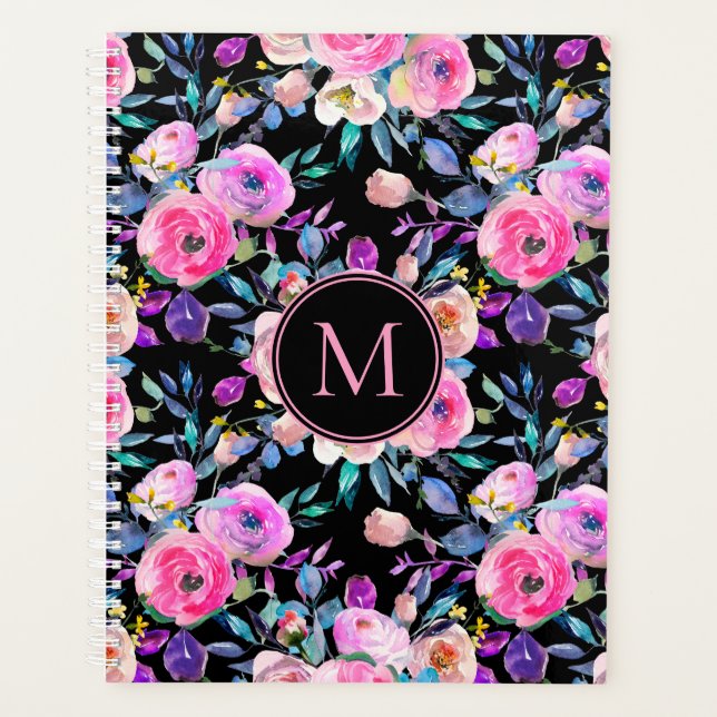Pink Black Floral Monogram Personalised Planner (Front)