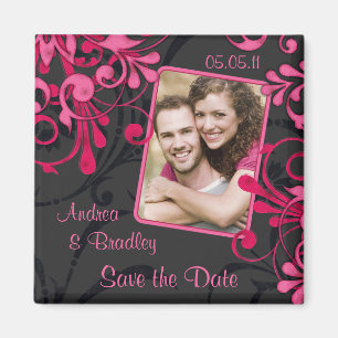 Pink Black Floral Photo Save the Date Magnet