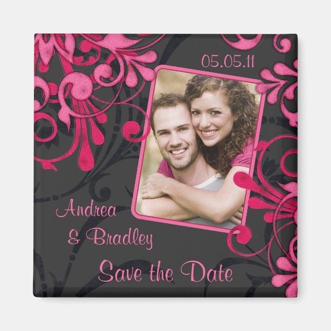 Pink Black Floral Photo Save the Date Magnet (Front)