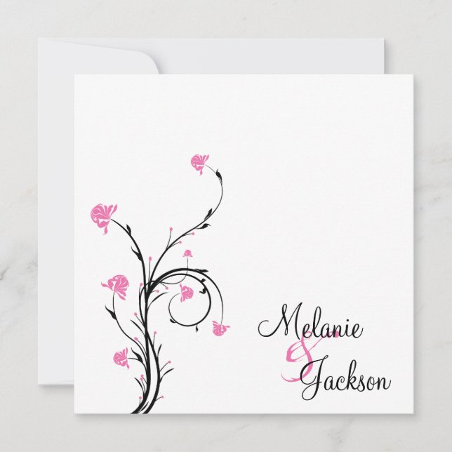 Pink Black Floral Swirls White Post Wedding Invitation (Front)