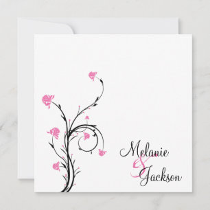 Pink Black Floral Swirls White Post Wedding Invitation