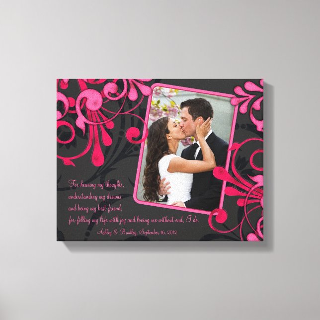 Pink Black Floral Wedding Photo Template Canvas Print (Front)