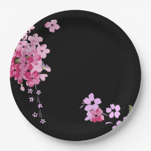 Pink & black flowered paper plates. plate