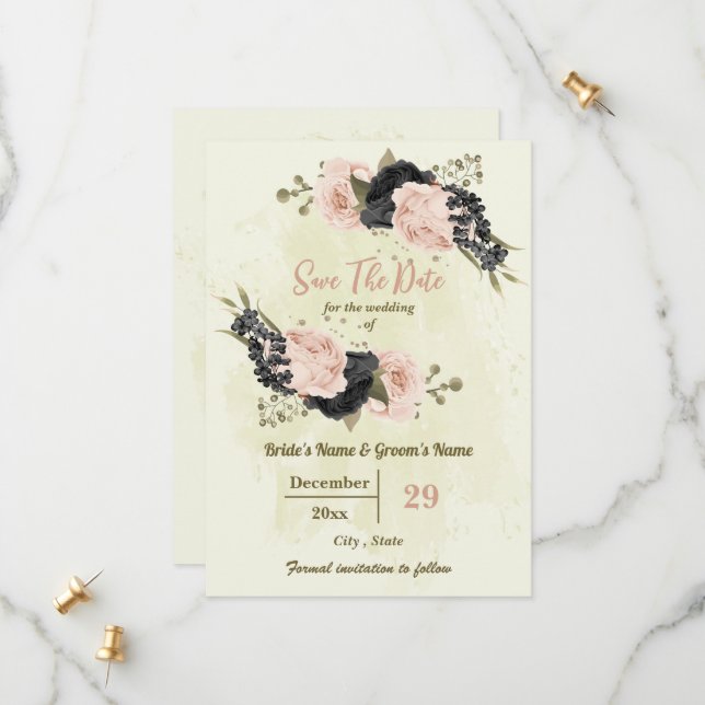 pink & black flowers botanical wedding save the date (Front/Back In Situ)