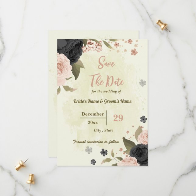 pink & black flowers botanical wedding save the date (Front/Back In Situ)