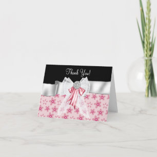 Pink Black Flowers Bow Thank You Cards
