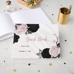 pink & black flowers grey botanical marble guest book