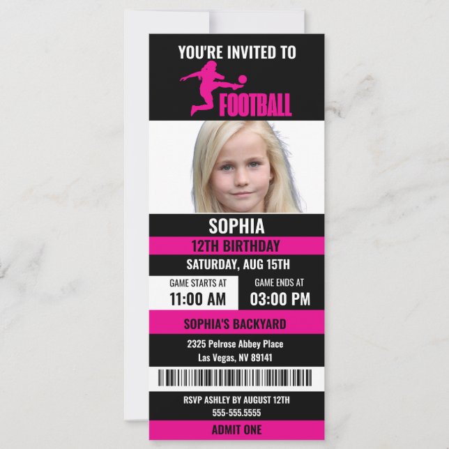 Pink Black Football Ticket Birthday Photo Invitation (Front)
