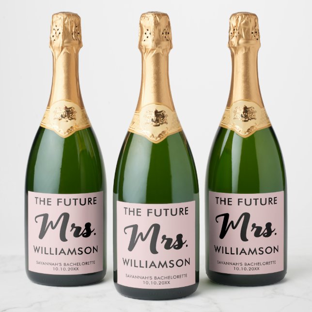 Pink Black Future Mrs Last Name Bachelorette Party Sparkling Wine Label (Bottles)