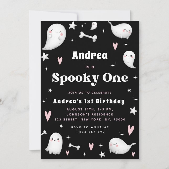 Pink & Black Ghost Spooky One 1st Birthday Party Invitation (Front)