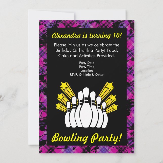 Pink, Black Girl Bowling Birthday Party Invitation (Front)