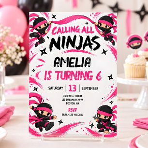 Pink & Black Girl Ninja Birthday Invitation