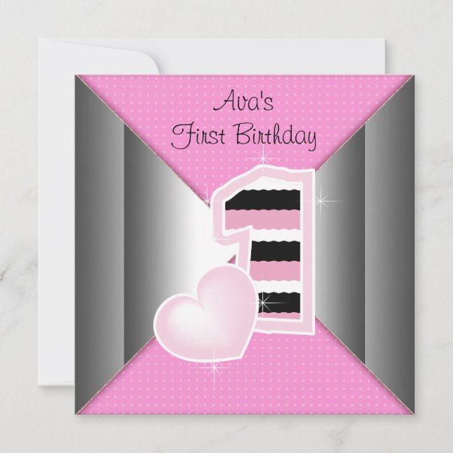 Pink Black Girls 1st Birthday Party Invitation (Front)