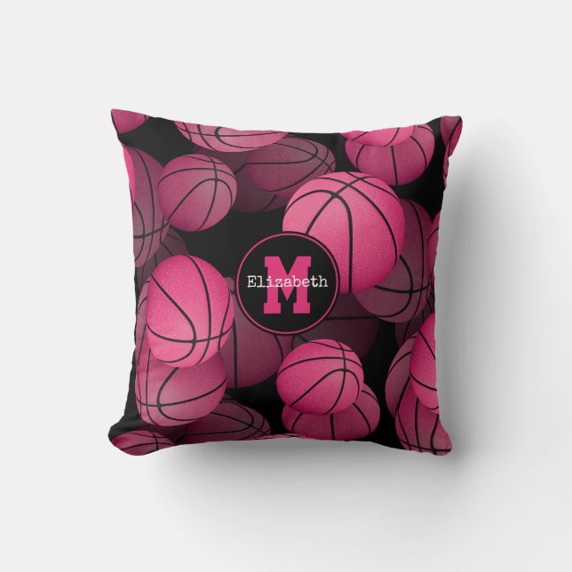 pink black girls' personalised basketball pattern cushion (Front)