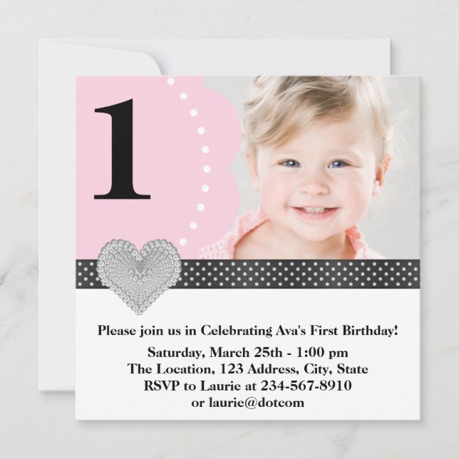 Pink Black Girls Photo 1st Birthday Party Invitation (Front)