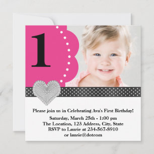 Pink Black Girls Photo 1st Birthday Party Invitation