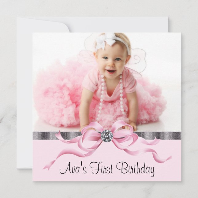 Pink Black Girls Photo First Birthday Party Invitation (Front)