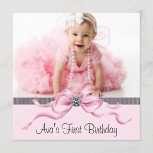 Pink Black Girls Photo First Birthday Party Invitation
